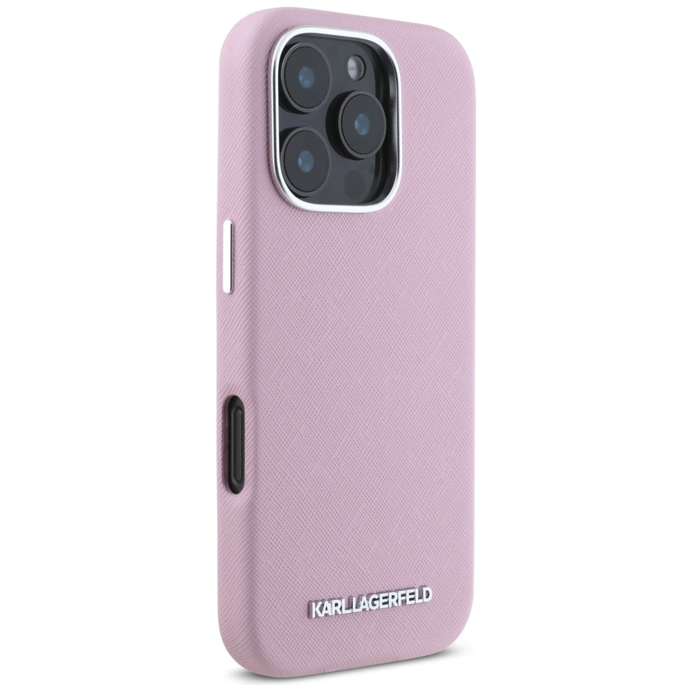 MagSafe hoesje voor Apple iPhone 16 Pro, Karl Lagerfeld, Saffiano Volledig Omhuld Verlengd Metalen Logo, Roze