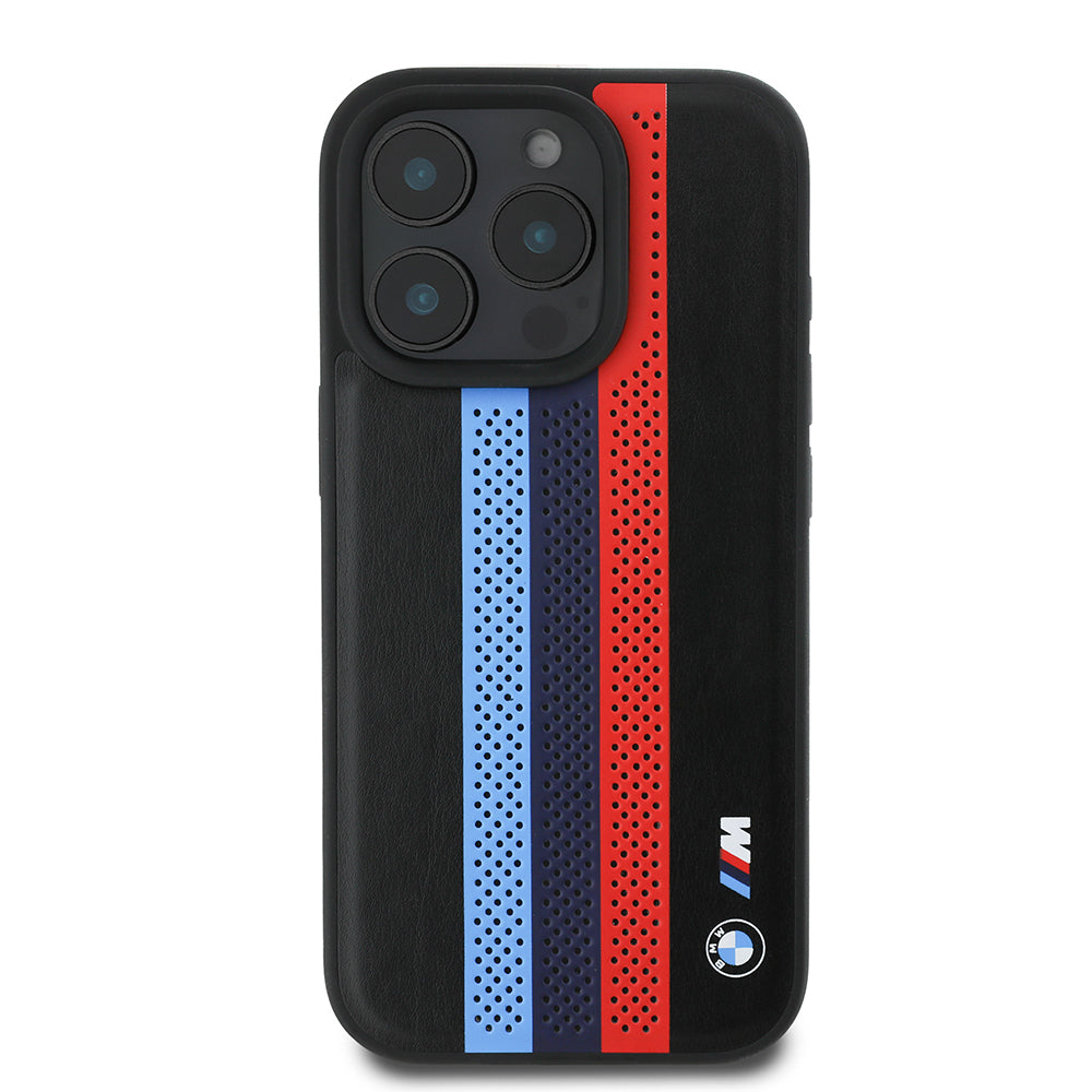 MagSafe hoes voor Apple iPhone 16 Pro Max, BMW, Perforated M Perf. Tricolor Stripers, Zwart