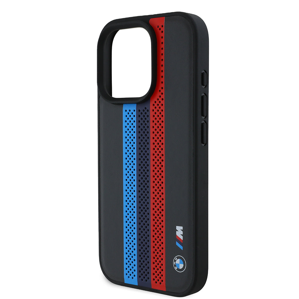 MagSafe hoes voor Apple iPhone 16 Pro Max, BMW, Perforated M Perf. Tricolor Stripers, Zwart