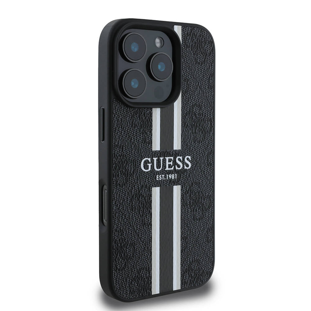 Étui MagSafe pour Apple iPhone 16 Pro Max, Guess, 4G Printed Stripes, Noir