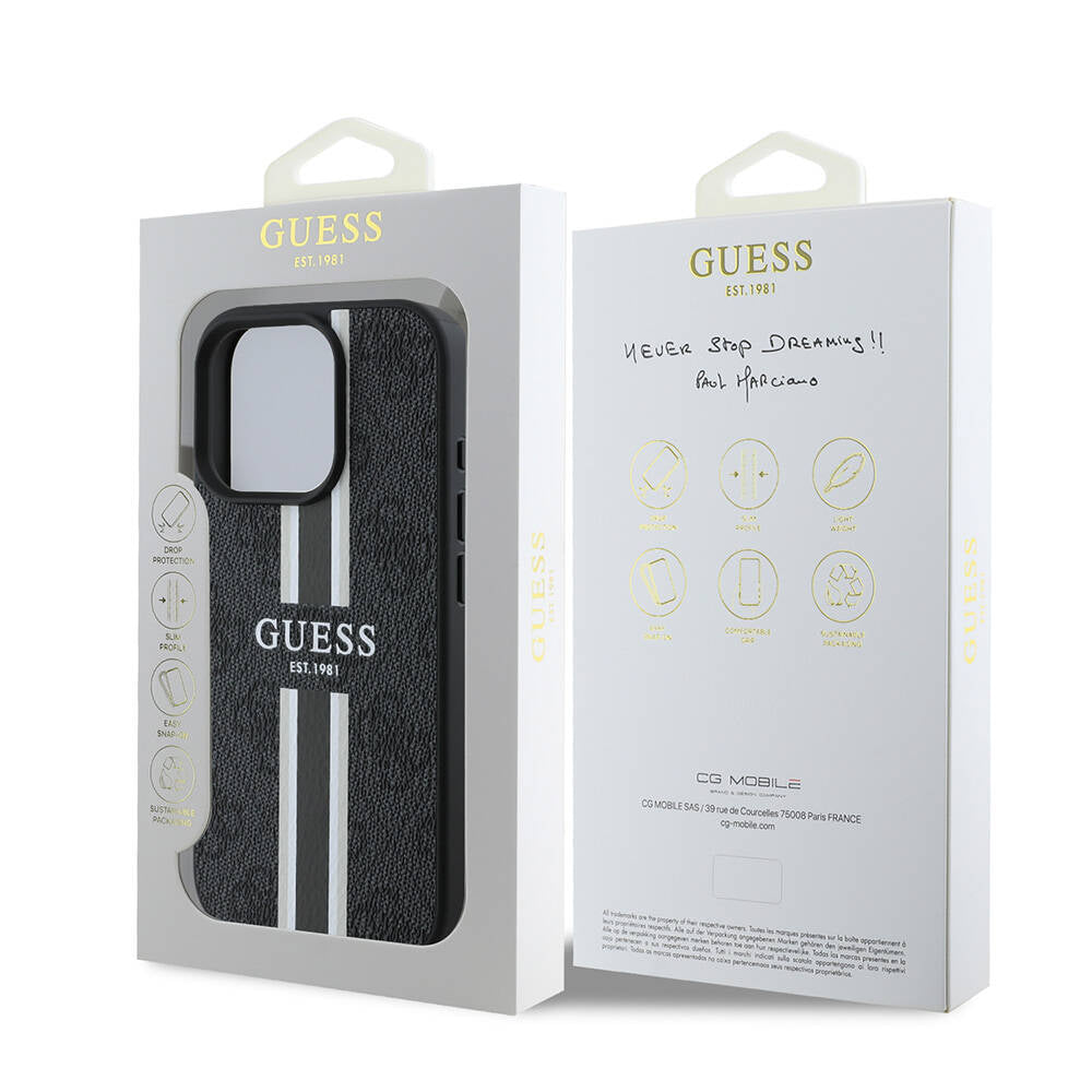 Étui MagSafe pour Apple iPhone 16 Pro Max, Guess, 4G Printed Stripes, Noir