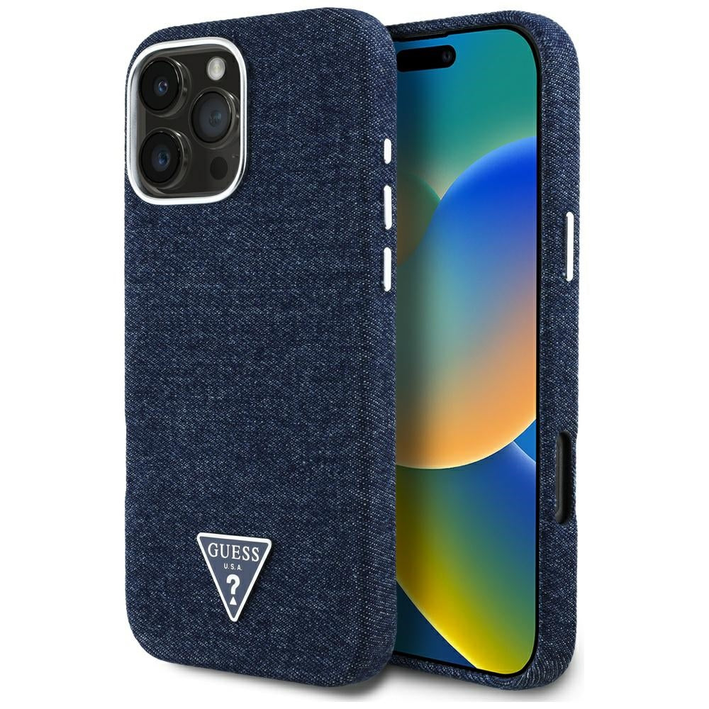 MagSafe hoesje voor Apple iPhone 16 Pro Max, Guess, Denim Triangle Logo, Blauw