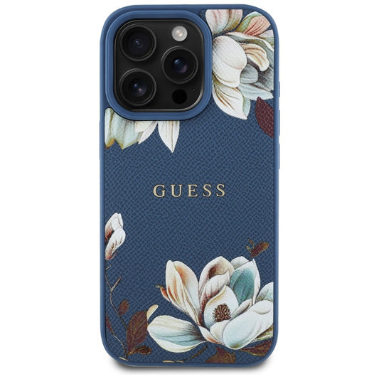 Coque MagSafe pour Apple iPhone 16 Pro Max, Guess, Grained Flowers, Bleue