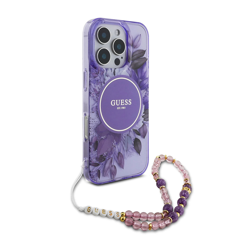 MagSafe Hülle für Apple iPhone 16 Pro Max, Guess, IML Flowers with Pearl Strap, Lila