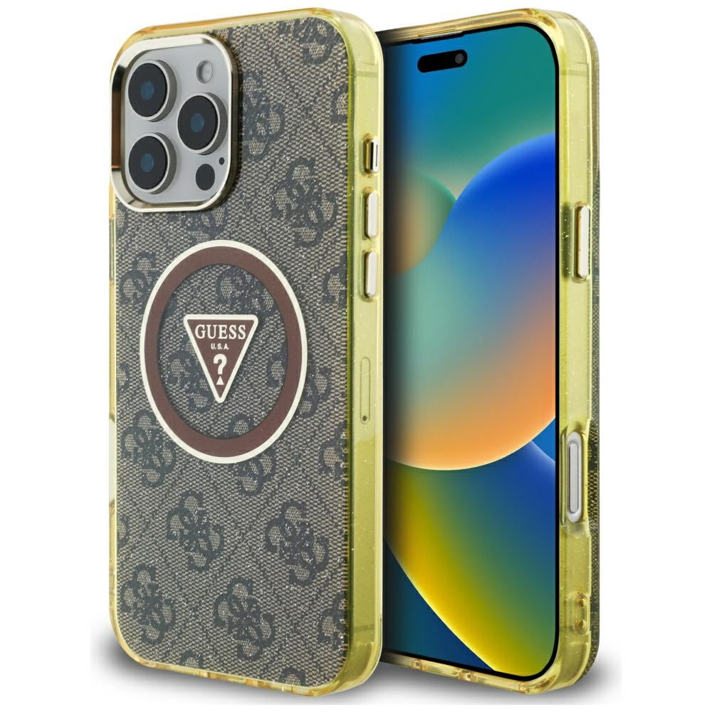 MagSafe Hülle für Apple iPhone 16 Pro Max, Guess, IML Glitter 4G Circle Triangle, Braun