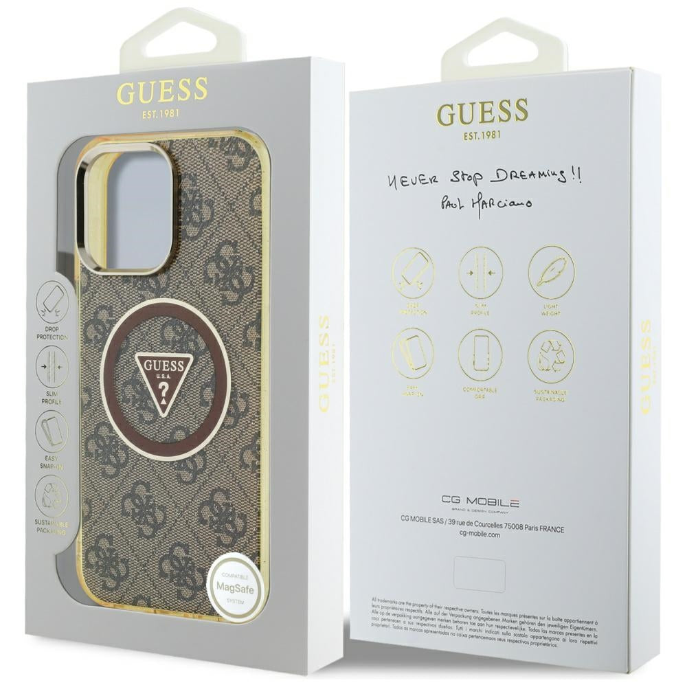 MagSafe Hülle für Apple iPhone 16 Pro Max, Guess, IML Glitter 4G Circle Triangle, Braun