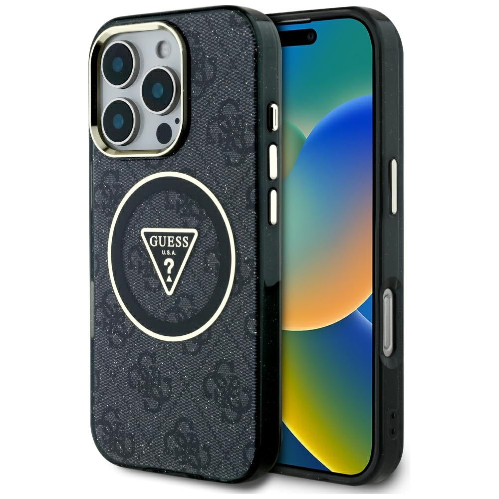 Coque MagSafe pour Apple iPhone 16 Pro Max, Guess, IML Glitter 4G Circle Triangle, Noire