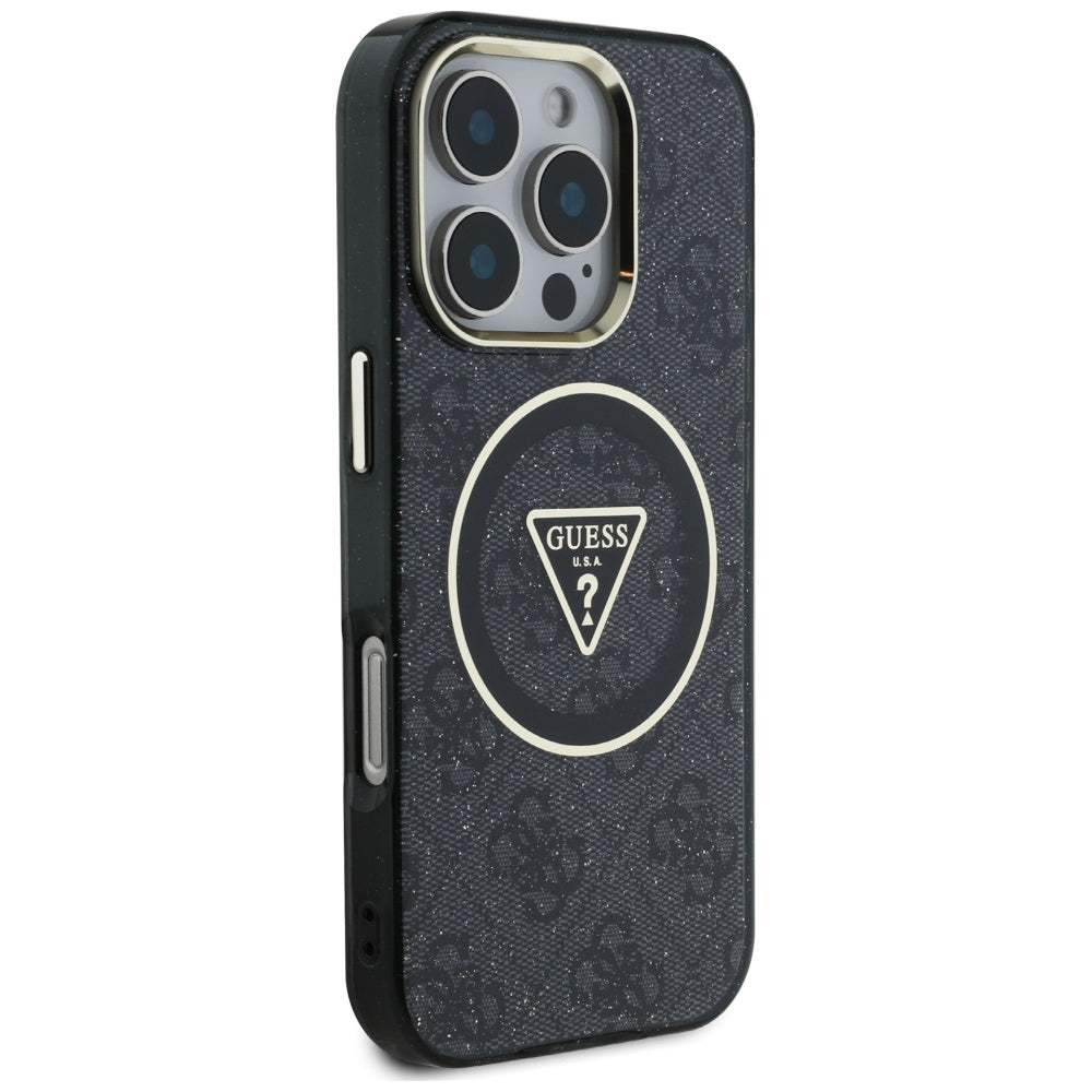 Coque MagSafe pour Apple iPhone 16 Pro Max, Guess, IML Glitter 4G Circle Triangle, Noire