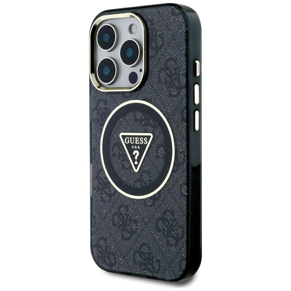 Coque MagSafe pour Apple iPhone 16 Pro Max, Guess, IML Glitter 4G Circle Triangle, Noire