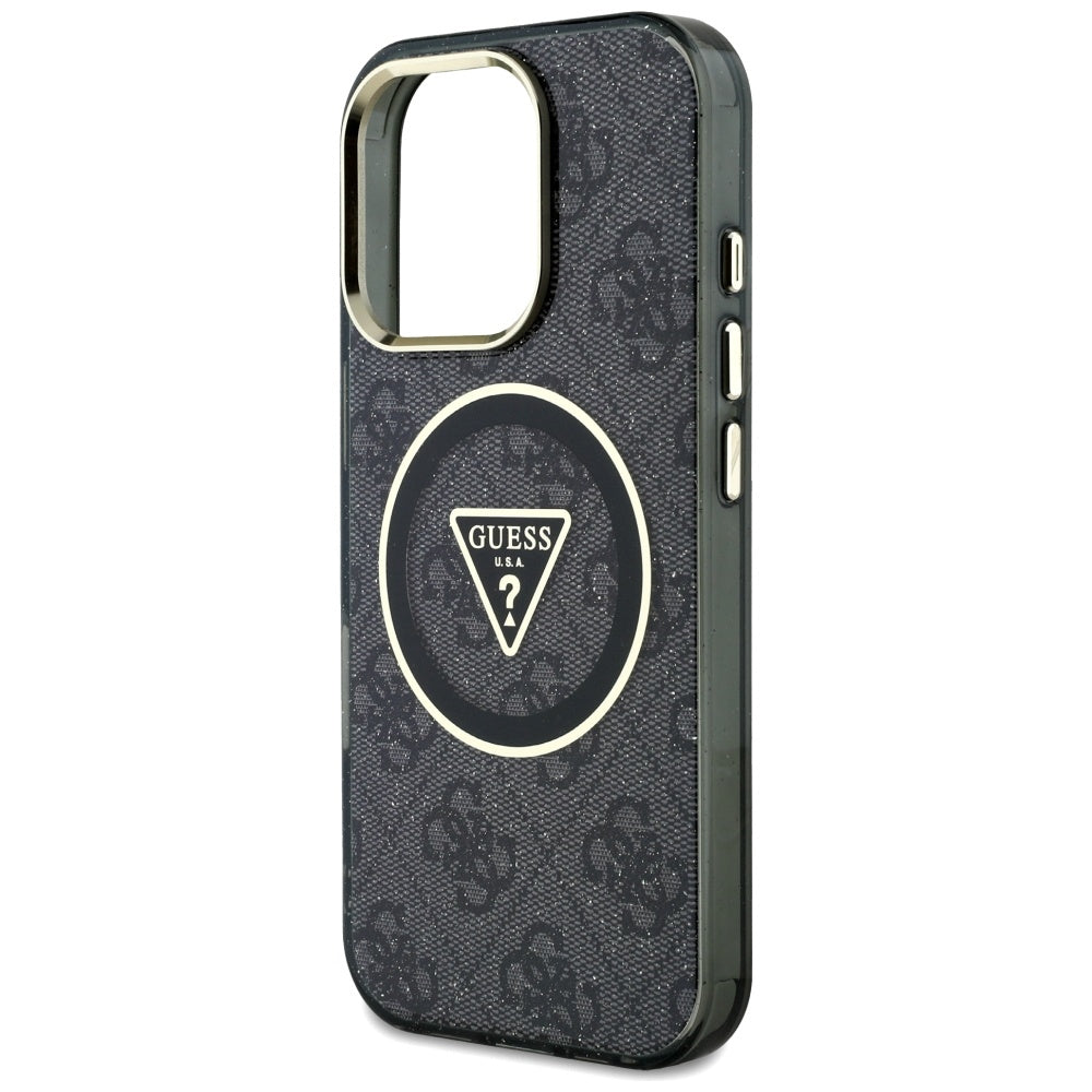 Coque MagSafe pour Apple iPhone 16 Pro Max, Guess, IML Glitter 4G Circle Triangle, Noire
