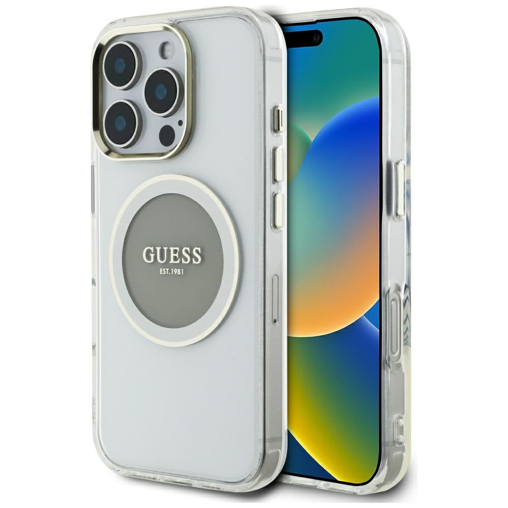 Housse MagSafe pour Apple iPhone 16 Pro Max, Guess, IML Cercle Métallique Coloré, Gris