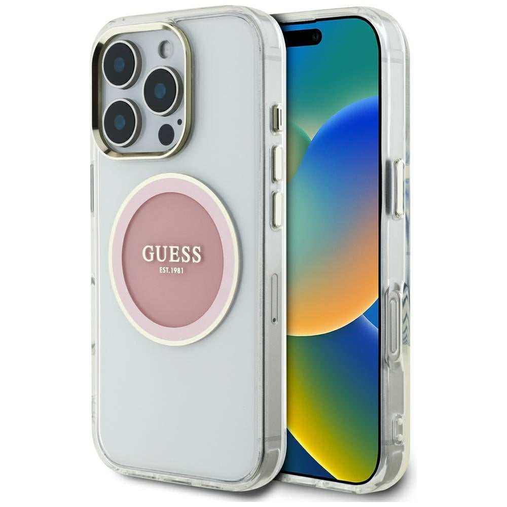 Étui MagSafe pour Apple iPhone 16 Pro Max, Guess, Cercle Métallique Coloré IML, Rose
