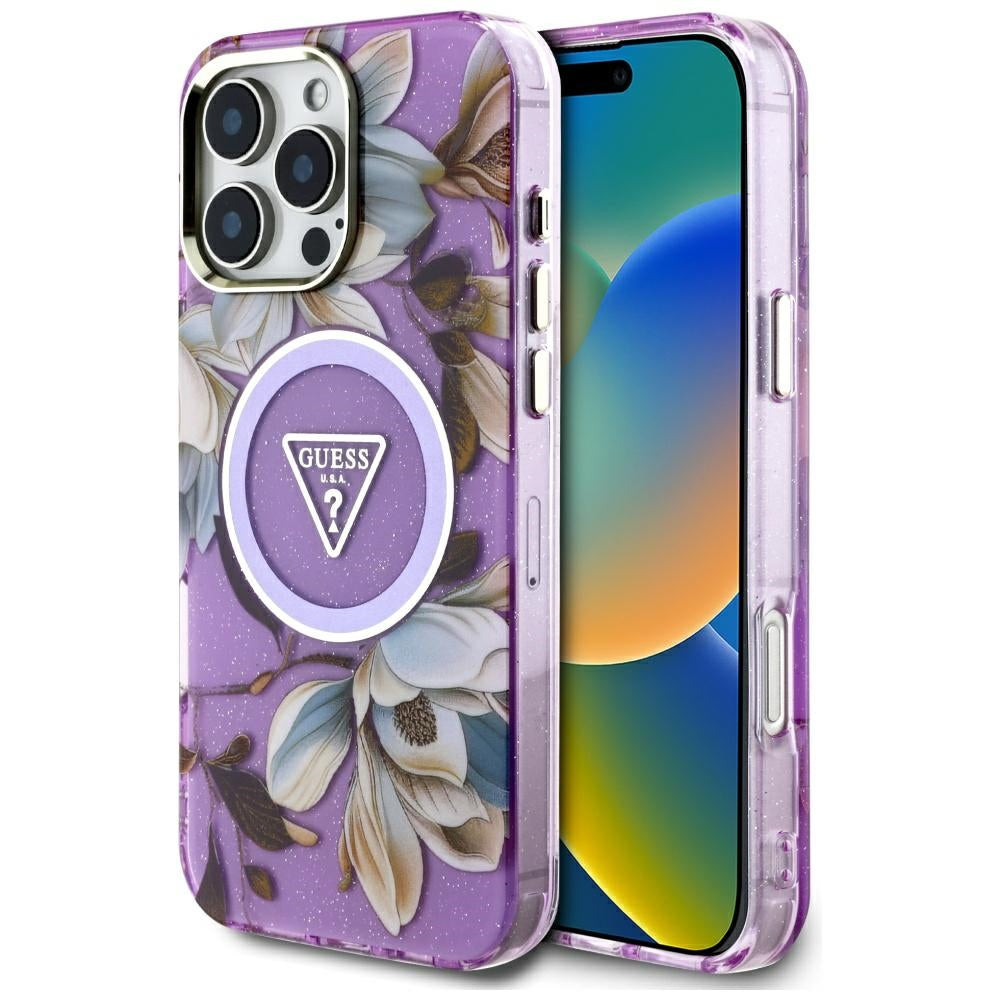 Étui MagSafe pour Apple iPhone 16 Pro Max, Guess, IML Metal Glitter Flowers Triangle, Violet