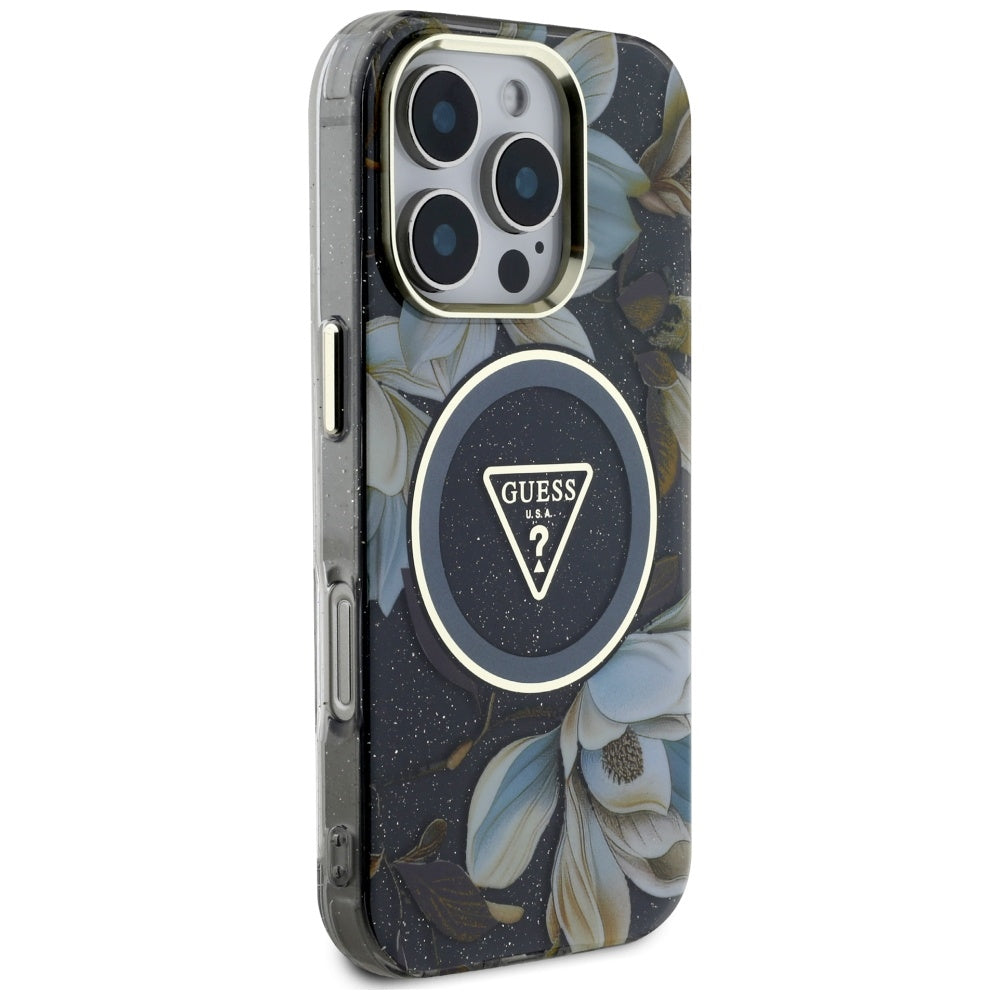 Coque MagSafe pour Apple iPhone 16 Pro Max, Guess, IML Metal Glitter Flowers Triangle, Noire