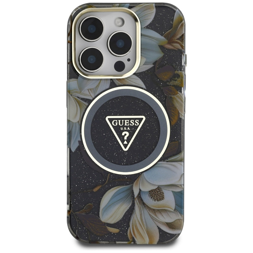 Coque MagSafe pour Apple iPhone 16 Pro Max, Guess, IML Metal Glitter Flowers Triangle, Noire
