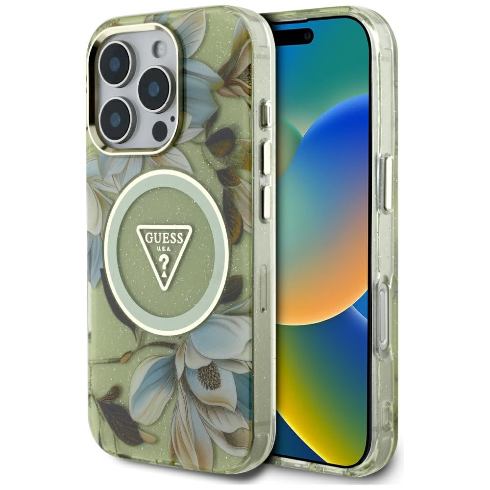 MagSafe Case for Apple iPhone 16 Pro Max, Guess, IML Metal Glitter Flowers Triangle, Green