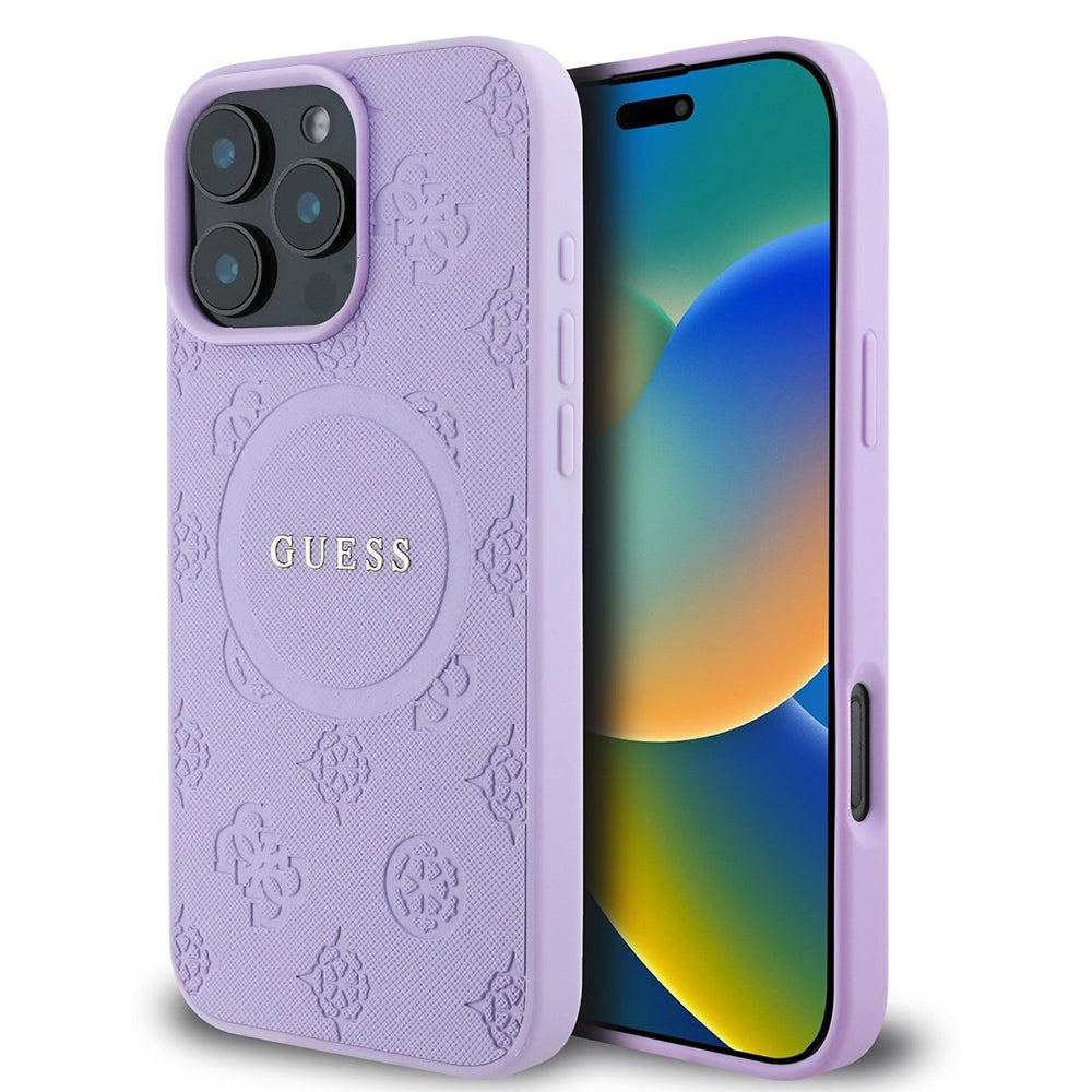 MagSafe Hülle für Apple iPhone 16 Pro Max, Guess, Saffiano Peony Classic Logo, Lila