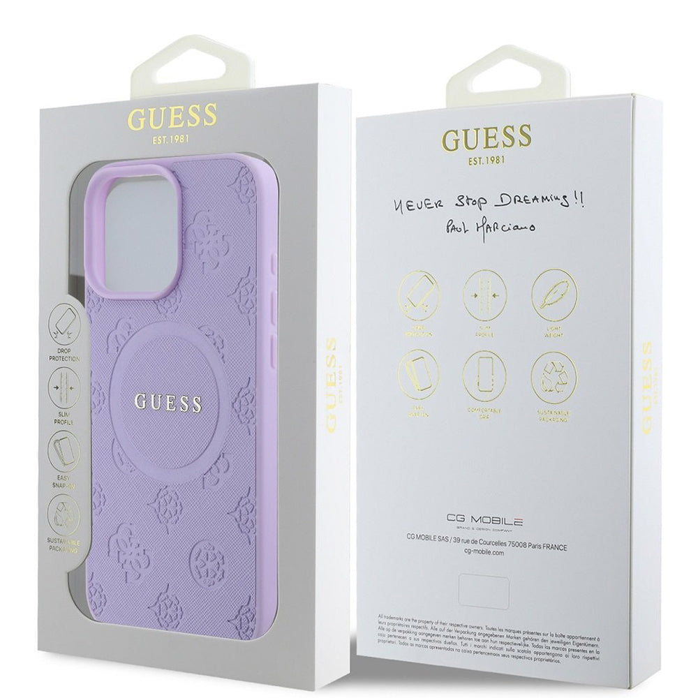 MagSafe Hülle für Apple iPhone 16 Pro Max, Guess, Saffiano Peony Classic Logo, Lila
