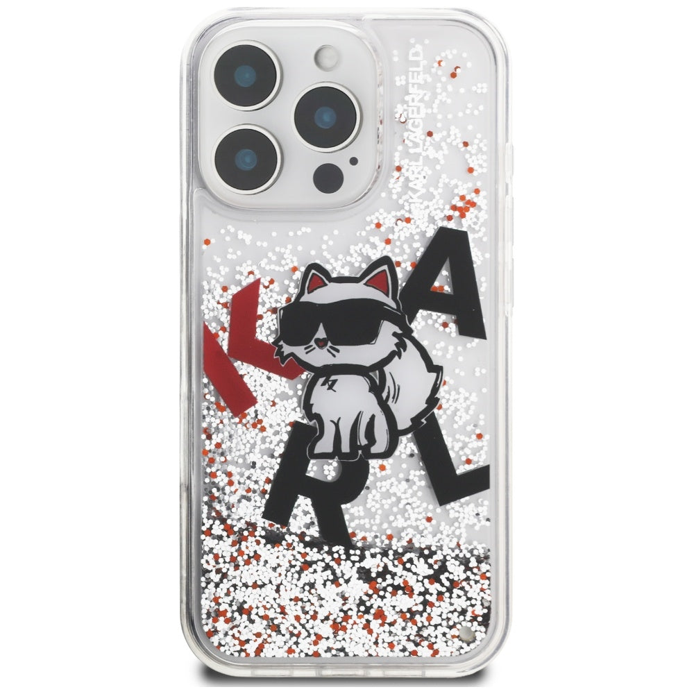 Étui MagSafe pour Apple iPhone 16 Pro Max, Karl Lagerfeld, Logo Choupette à Paillettes Liquides, Transparent
