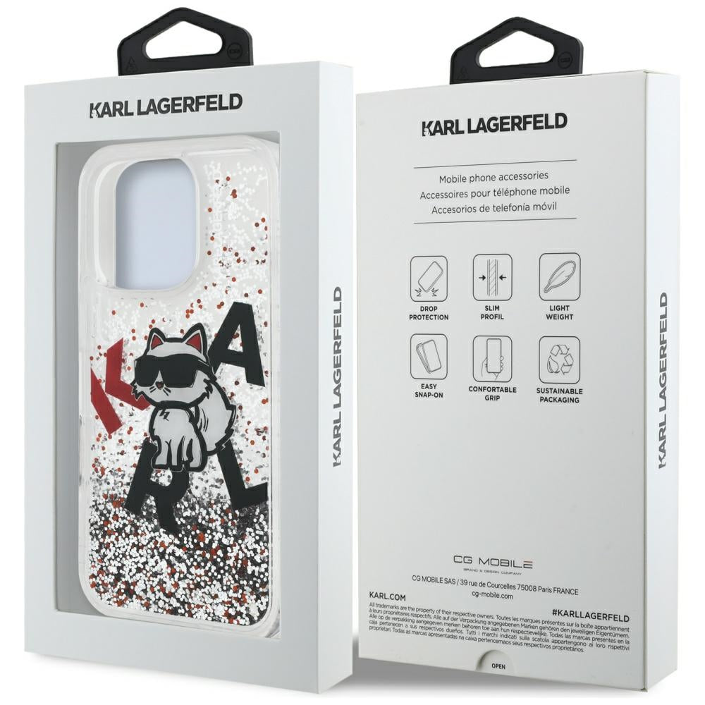 Étui MagSafe pour Apple iPhone 16 Pro Max, Karl Lagerfeld, Logo Choupette à Paillettes Liquides, Transparent