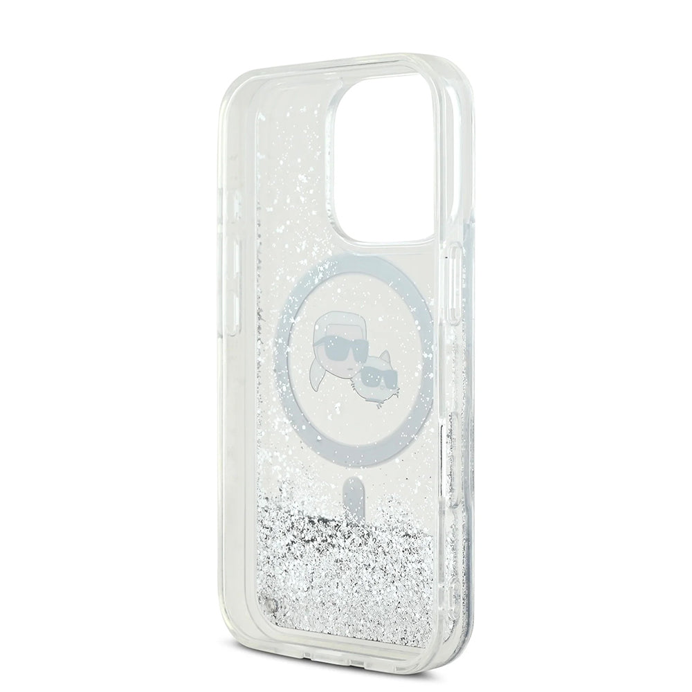 MagSafe Hülle für Apple iPhone 16 Pro Max, Karl Lagerfeld, Liquid Glitter Karl & Choupette's Heads, Transparent