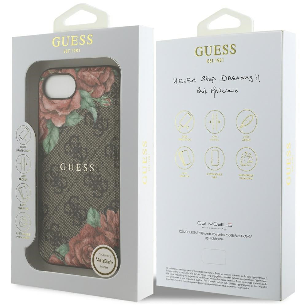 Étui MagSafe pour Apple iPhone 17e / 16e, Guess, Imprimé Fleurs 4G, Marron