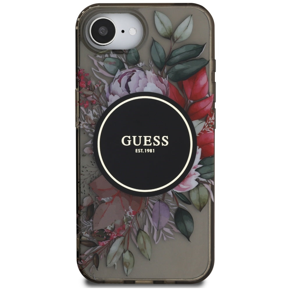 MagSafe Hülle für Apple iPhone 17e / 16e, Guess, IML Flowers, Schwarz
