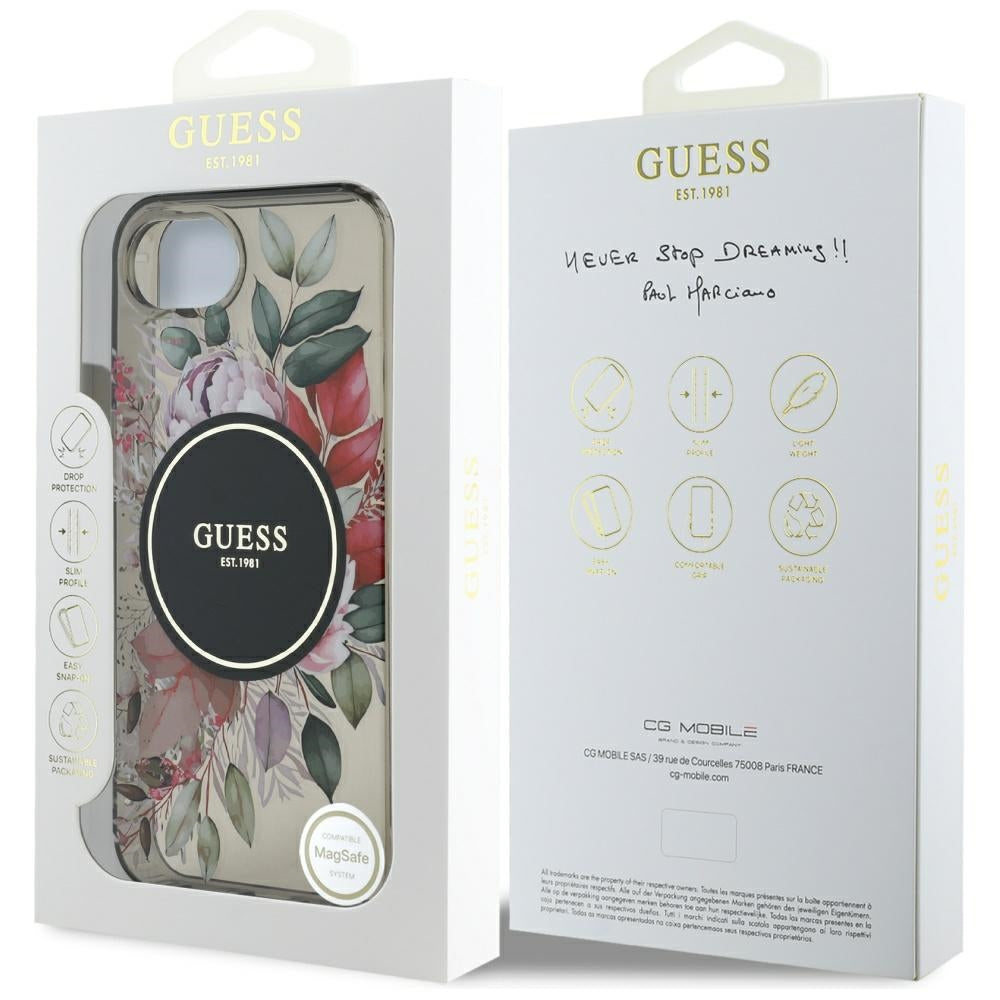 MagSafe Hülle für Apple iPhone 17e / 16e, Guess, IML Flowers, Schwarz