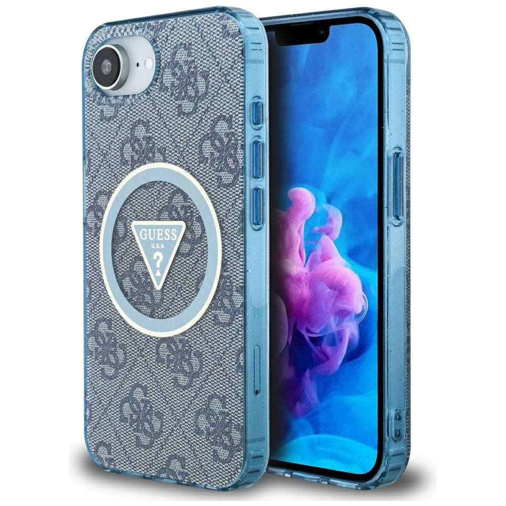 Étui MagSafe pour Apple iPhone 17e / 16e, Guess, IML Glitter 4G Circle Triangle, Bleu