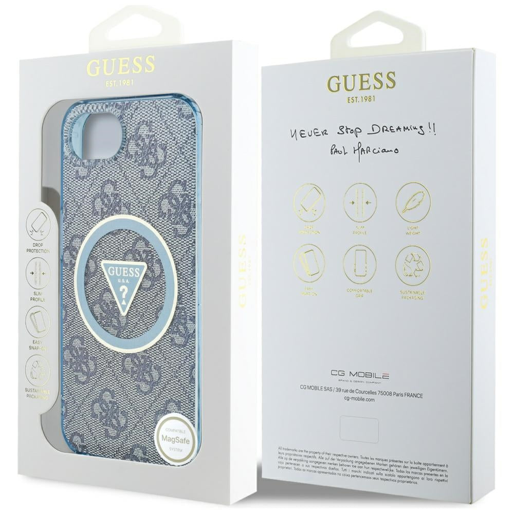 Étui MagSafe pour Apple iPhone 17e / 16e, Guess, IML Glitter 4G Circle Triangle, Bleu