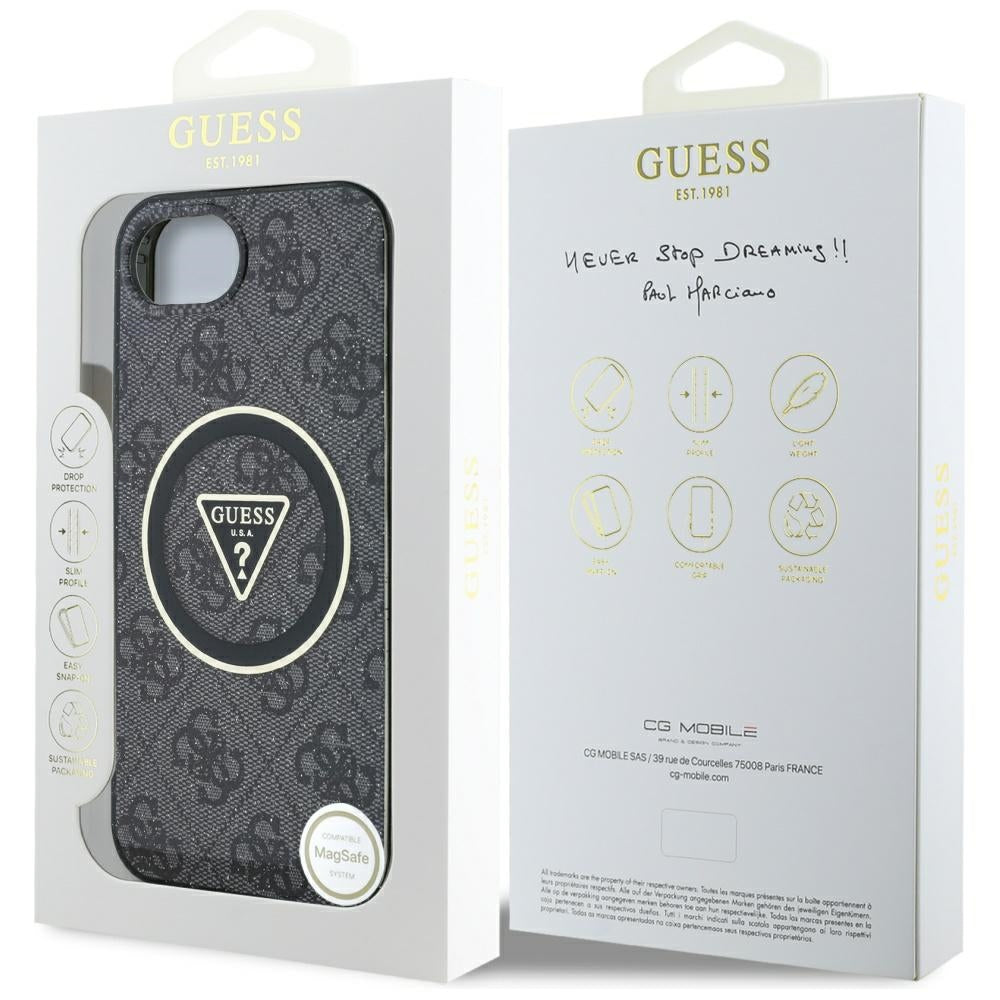 Étui MagSafe pour Apple iPhone 17e / 16e, Guess, IML Glitter 4G Circle Triangle, Noir