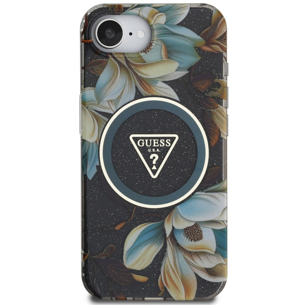 Étui MagSafe pour Apple iPhone 17e / 16e, Guess, IML Metal Glitter Flowers Triangle, Noir