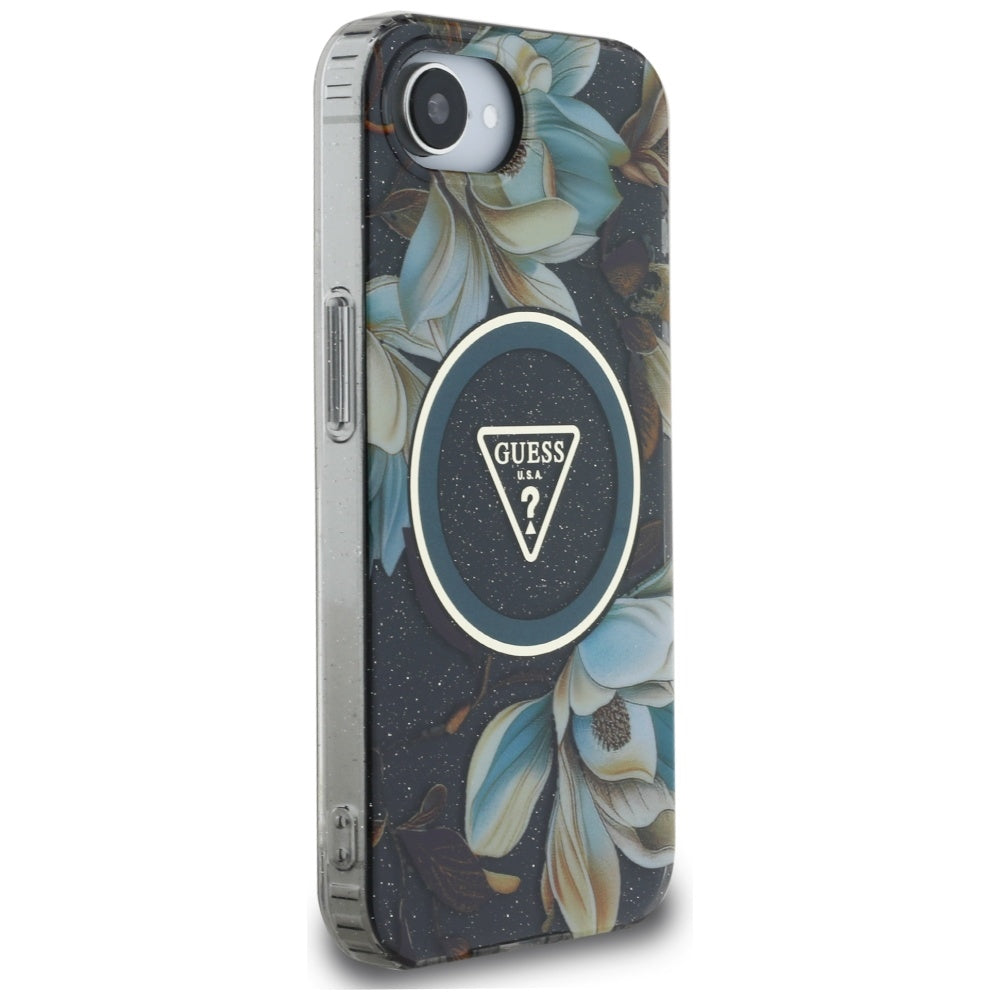 Étui MagSafe pour Apple iPhone 17e / 16e, Guess, IML Metal Glitter Flowers Triangle, Noir