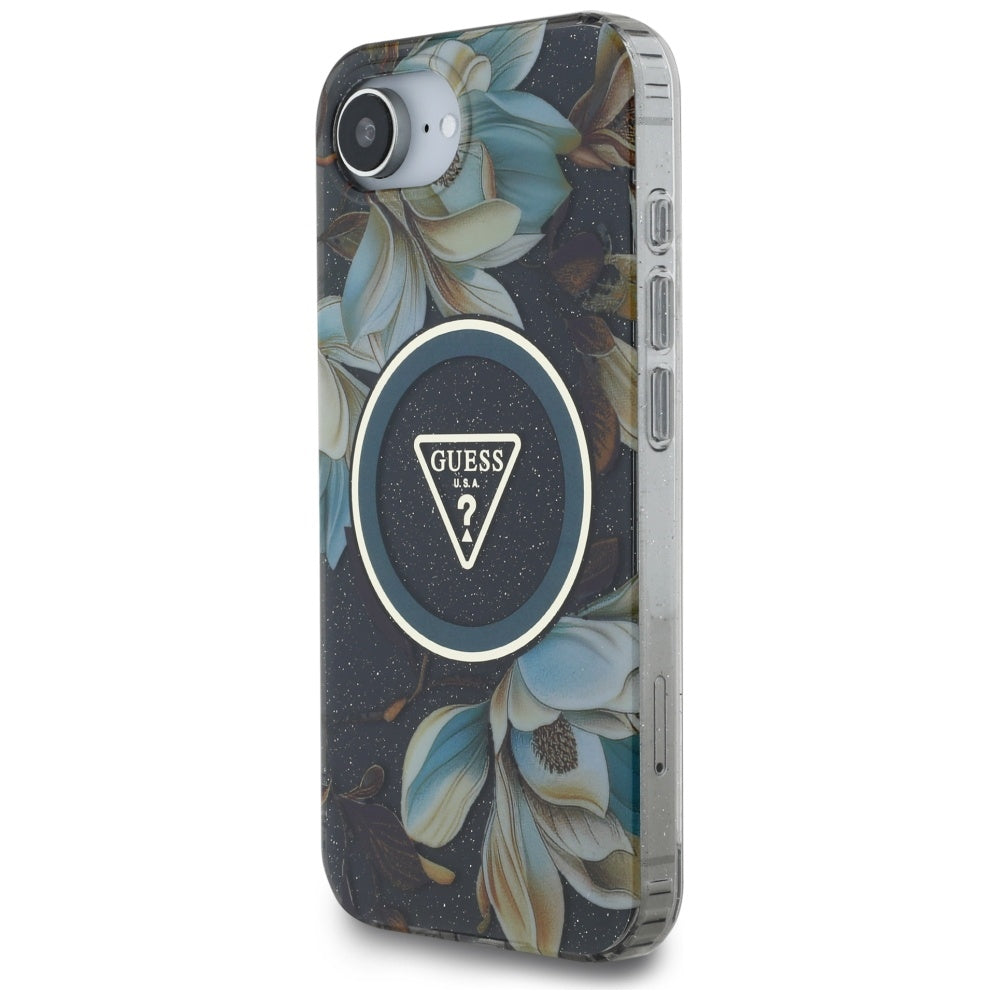 Étui MagSafe pour Apple iPhone 17e / 16e, Guess, IML Metal Glitter Flowers Triangle, Noir