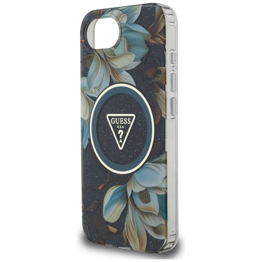 Étui MagSafe pour Apple iPhone 17e / 16e, Guess, IML Metal Glitter Flowers Triangle, Noir