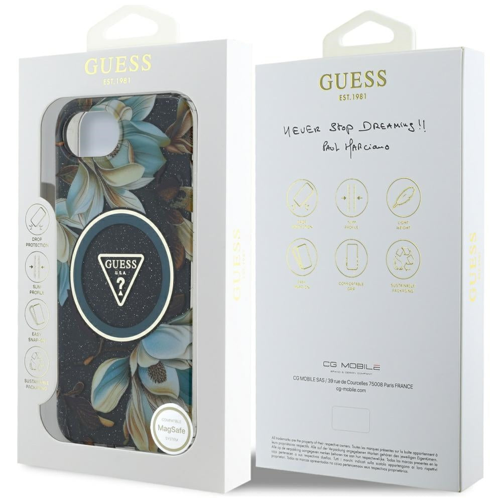 Étui MagSafe pour Apple iPhone 17e / 16e, Guess, IML Metal Glitter Flowers Triangle, Noir