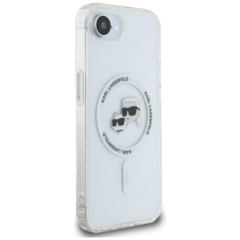 Housse MagSafe pour Apple iPhone 17e / 16e, Karl Lagerfeld, IML Metal Karl & Choupette's Heads, Blanche