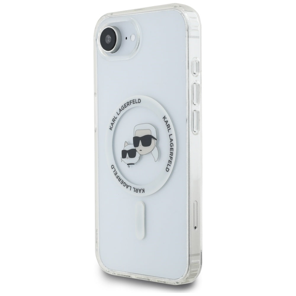 Housse MagSafe pour Apple iPhone 17e / 16e, Karl Lagerfeld, IML Metal Karl & Choupette's Heads, Blanche