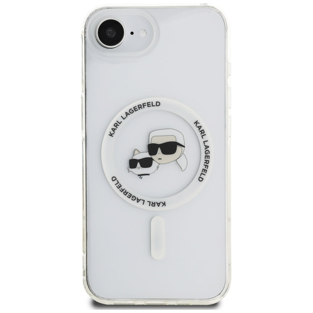 Housse MagSafe pour Apple iPhone 17e / 16e, Karl Lagerfeld, IML Metal Karl & Choupette's Heads, Blanche