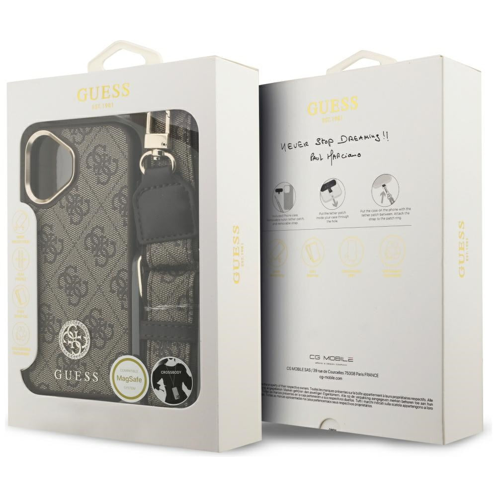 MagSafe hoesje voor Apple iPhone 17, Guess, 4G Strass Logo met Grote Band, Bruin