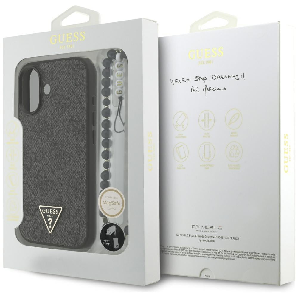 Housse MagSafe pour Apple iPhone 17, Guess, logo Triangle 4G avec lanière, Noire