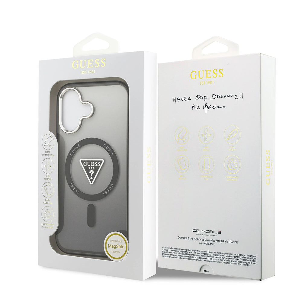 Coque MagSafe pour Apple iPhone 17, Guess, logo triangle dégradé IML, Noire