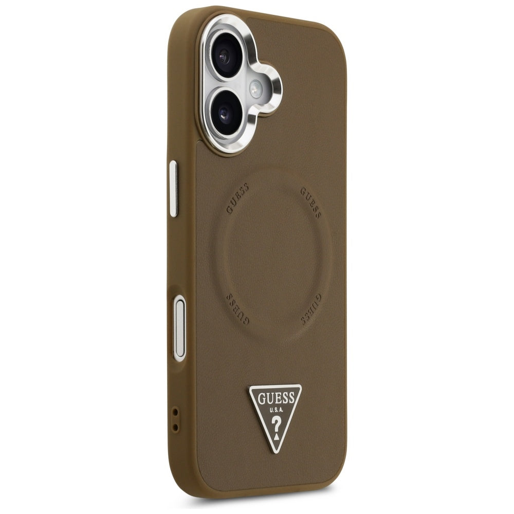 Étui MagSafe pour Apple iPhone 17, Guess, Logo Triangle, Marron Argenté