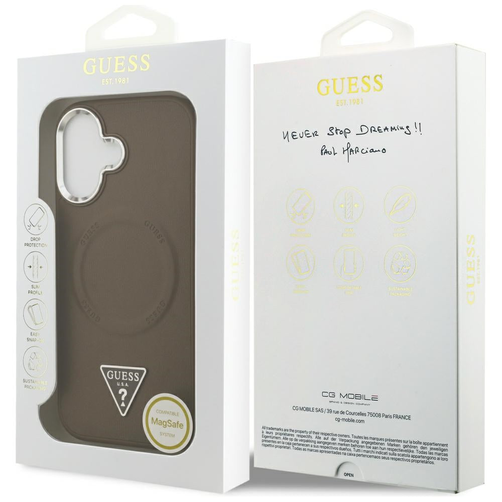 Étui MagSafe pour Apple iPhone 17, Guess, Logo Triangle, Marron Argenté