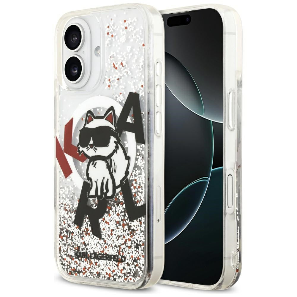Étui MagSafe pour Apple iPhone 17, Karl Lagerfeld, Logo Choupette à Paillettes Liquides, Transparent