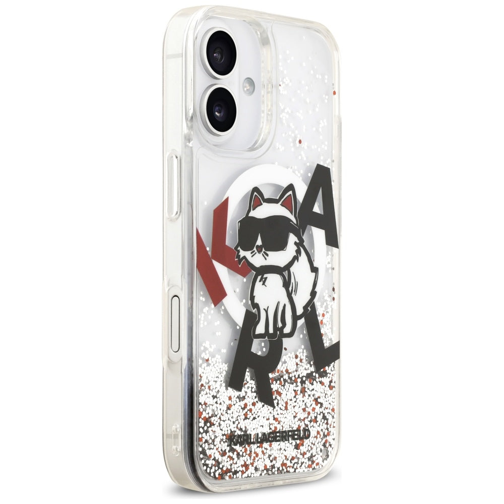 Étui MagSafe pour Apple iPhone 17, Karl Lagerfeld, Logo Choupette à Paillettes Liquides, Transparent