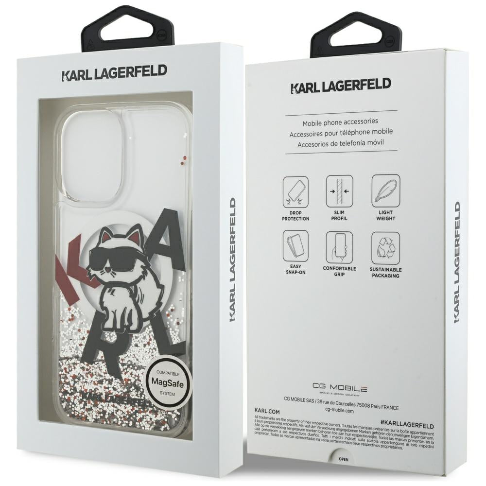 Étui MagSafe pour Apple iPhone 17, Karl Lagerfeld, Logo Choupette à Paillettes Liquides, Transparent