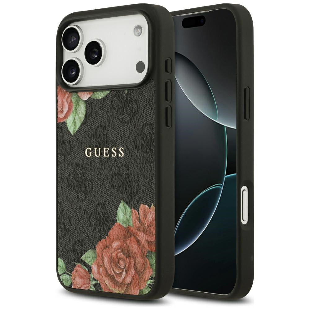 Coque MagSafe pour Apple iPhone 17 Pro, Guess, Imprimé Fleurs 4G, Noire