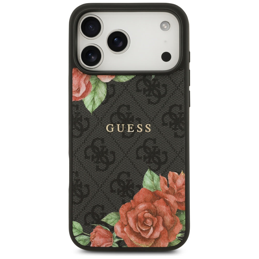 Coque MagSafe pour Apple iPhone 17 Pro, Guess, Imprimé Fleurs 4G, Noire