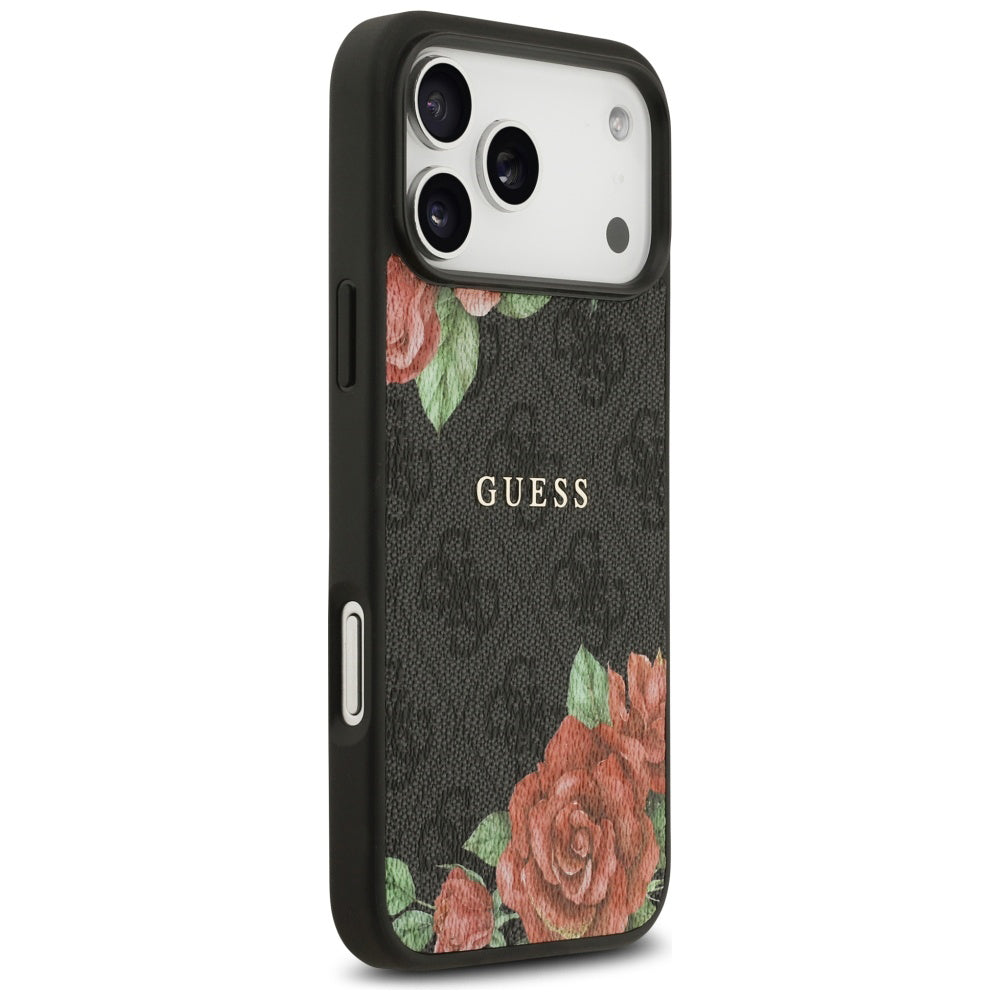 Coque MagSafe pour Apple iPhone 17 Pro, Guess, Imprimé Fleurs 4G, Noire